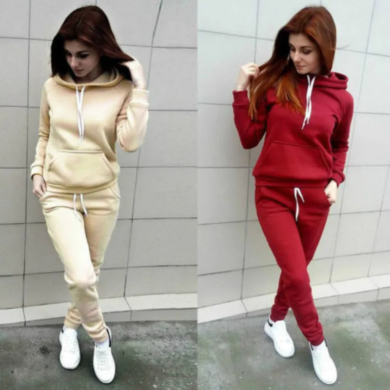 Solid Women Tracksuit Casual Hoodies Sweatshirt Pant Set